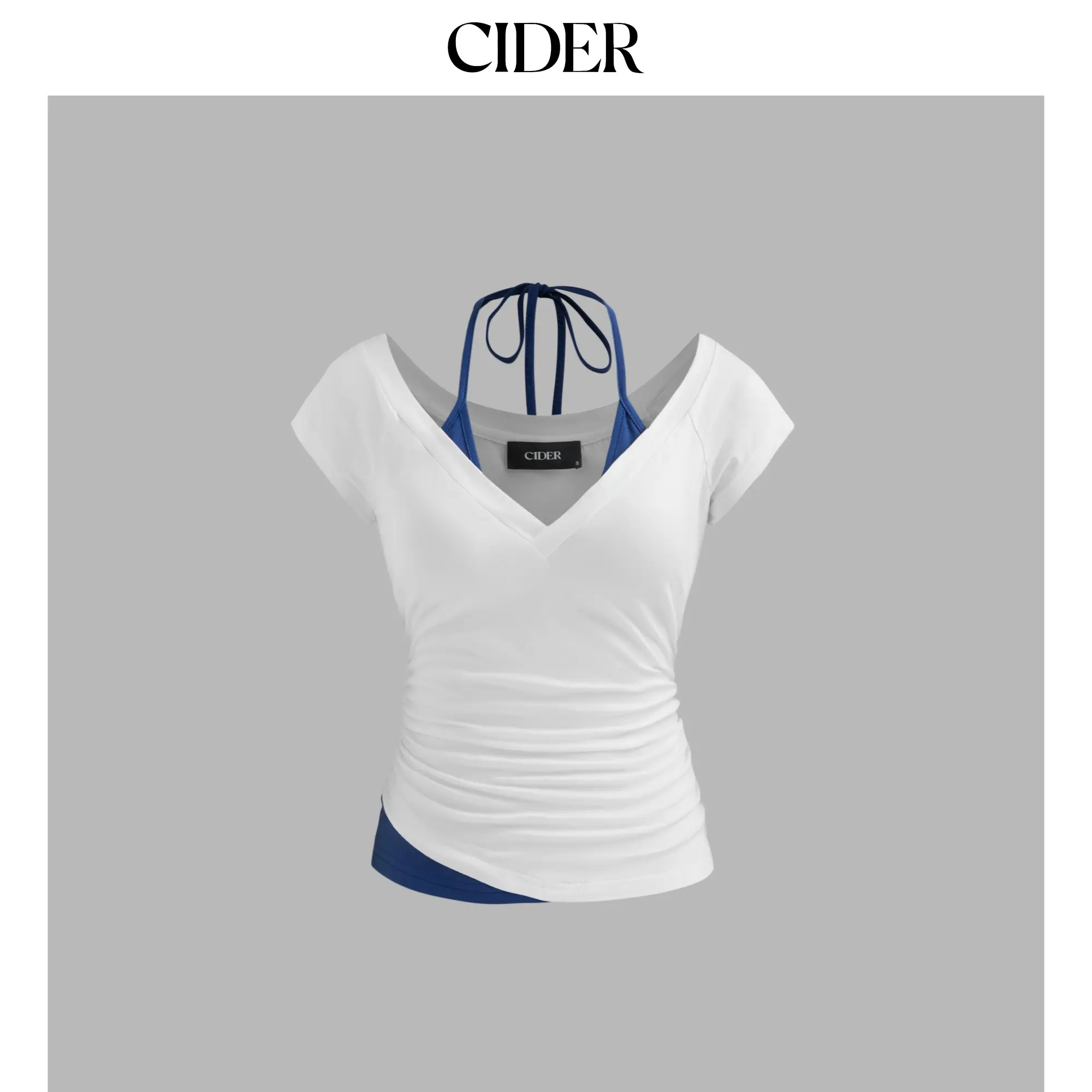 Cider [6 colors, size 0-26] Halter Neckline Patchy Short Sleeve Top