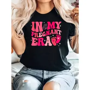 In My Pregnant Era Pregnancy New Mom Groovy Mother's Day T-Shirt Cotton Breathable Comfort Fit Short Sleeve Crew Neck Top For All Seasons