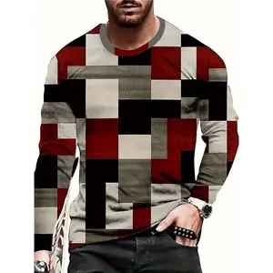Men's checkered printed long sleeved round neck fitted pullover, casual, fashionable, comfortable, sports long sleeved daily wear, autumn and winterRAIMENTRY