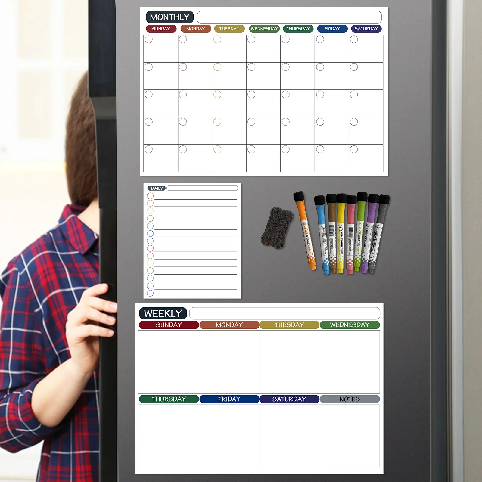 Magnetic Fridge Calendar Set, Monthly Weekly Daily Dry Erase Planner Boards, White Reusable Refrigerator Schedule Organizer for Family Meal Planning Chore Checklist, with 8 Magnetic Markers & Eraser