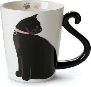 VOTUM White Ceramic Tea Mug 12oz Animal Shaped Black Cat Design Hand Printed Sayings BPA Free Handmade Cup for Coffee or Tea