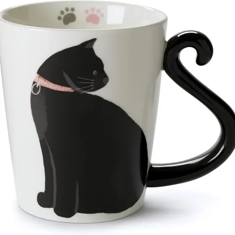 VOTUM White Ceramic Tea Mug 12oz Animal Shaped Black Cat Design Hand Printed Sayings BPA Free Handmade Cup for Coffee or Tea