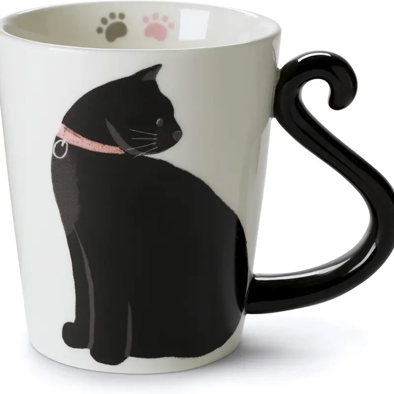VOTUM White Ceramic Tea Mug 12oz Animal Shaped Black Cat Design Hand Printed Sayings BPA Free Handmade Cup for Coffee or Tea