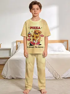 Boys' Fun Pizza Party 2-Piece Set, Digital Printed Short-Sleeve Pajamas with Extended Sleep Pants, Flame-Retardant Fabric, Stylish, Trendy, Casual, Comfortable and Soft Pajama Set