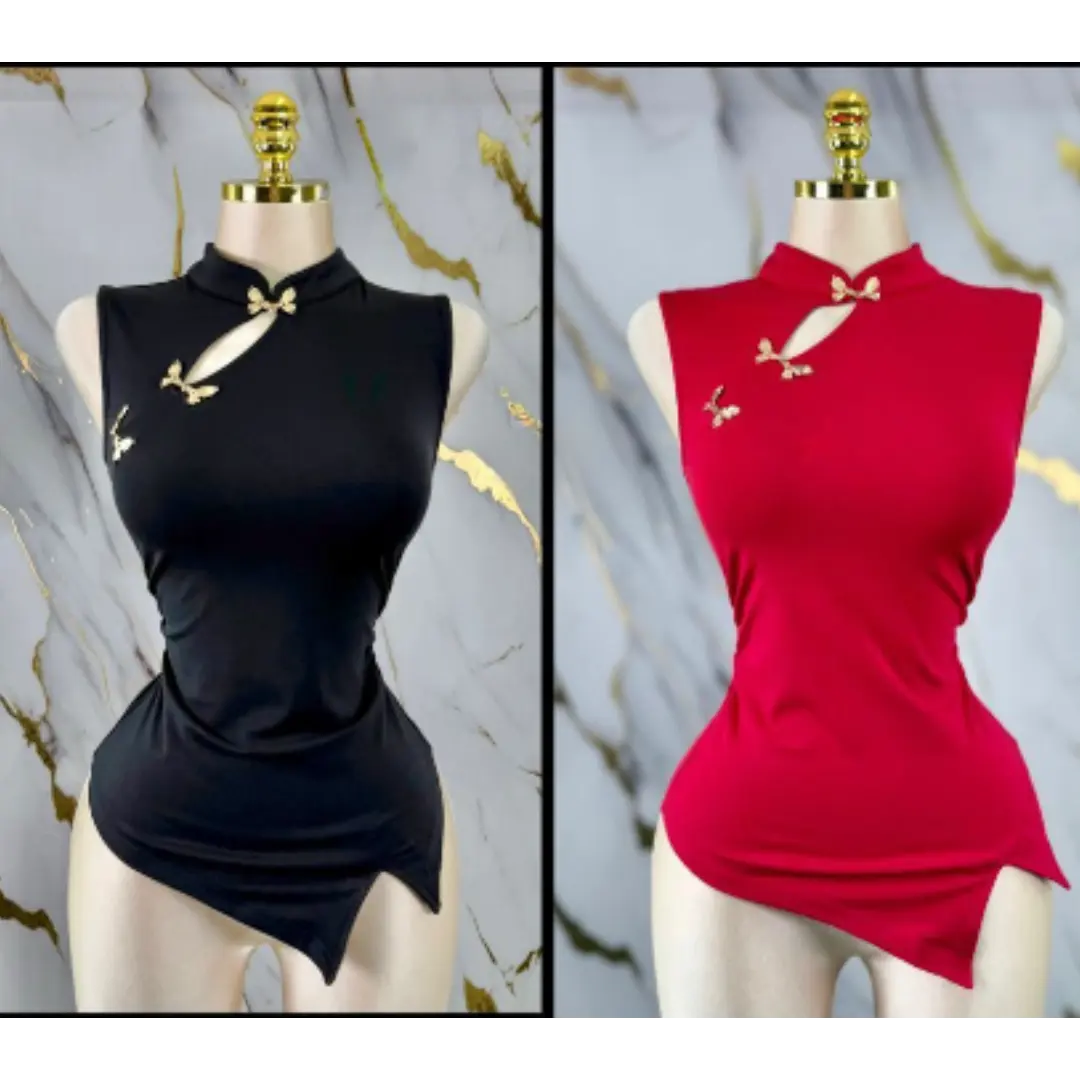 Butterfly Charm Asymmetrical Mandarin Collar Top