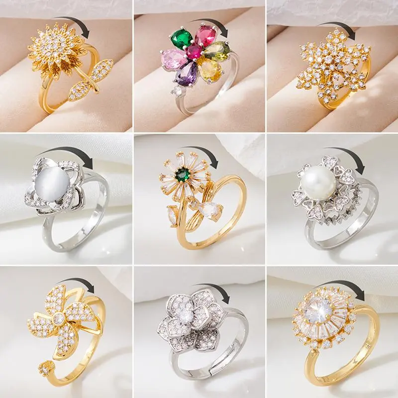 Exquisite Crystal Anxiety Rings For Women Fashion Daisy Rose Sunflower Anti Stress Fidget Spinner Ring Teens 2025 Aesthetic Gift