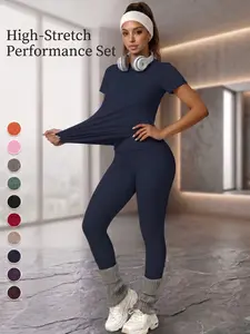 Women's Sportswear Set, Yoga Gym Outfits, Fitness Clothes, Slim-Fit Round Neck Short Sleeves & High-Waisted Yoga Pants, Ideal for Gym Running Outdoor Activities