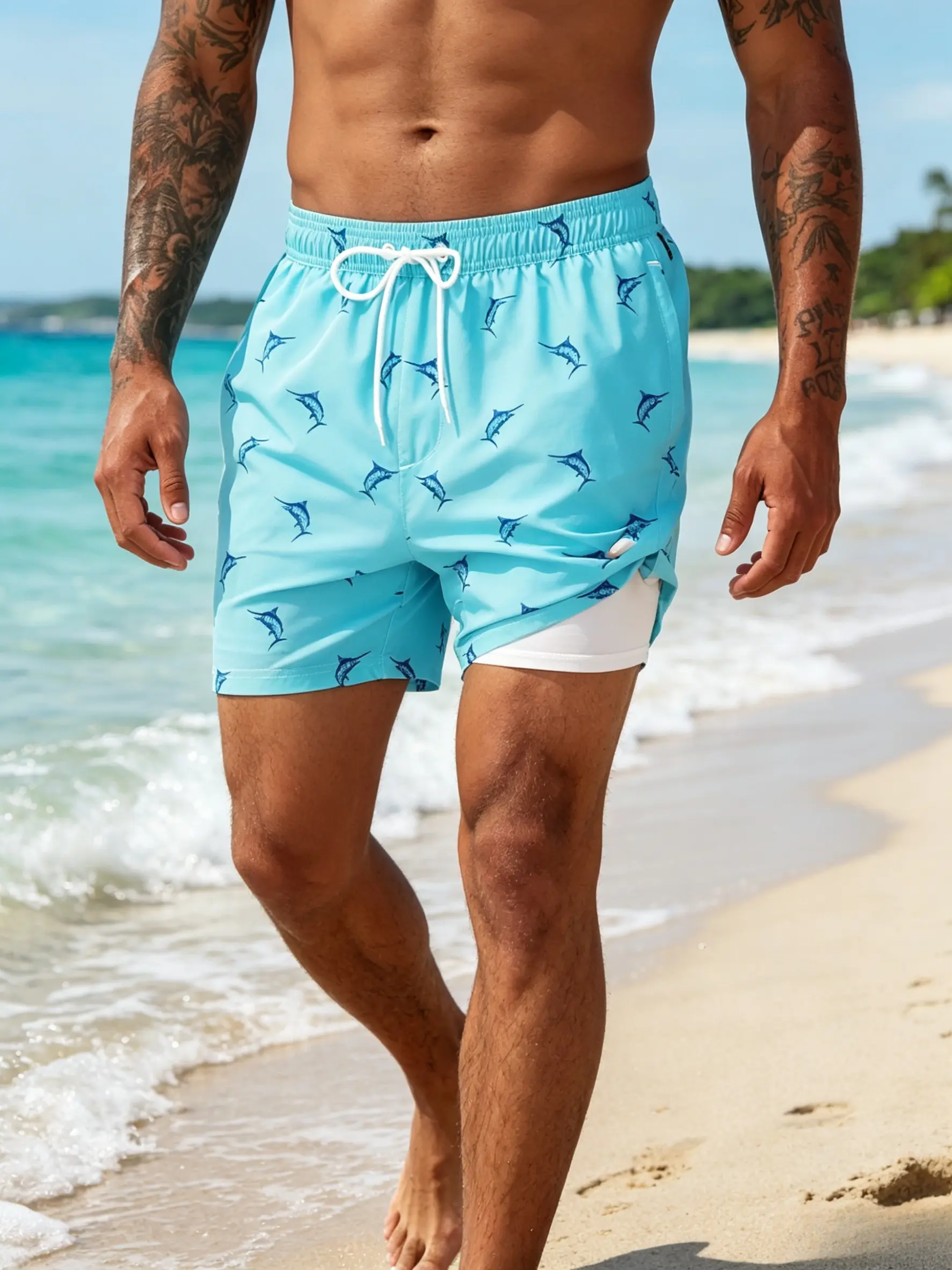 Men's Summer 2-in-1 Quick-Dry Swordfish Print Board Shorts - Loose Fit Swim Trunks with Built-in Modesty Liner, Elastic Drawstring Waist, Breathable Fabric for Surfing, Sports, Built-In Liner