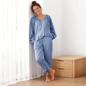 Womens Plaid 2 Piece Pajamas, Cotton Pyjamas Gingham Nightwear,  Ruffle Long Sleeve Shirt Elastic Waist Pant Loungewear, Homewear with Pockets