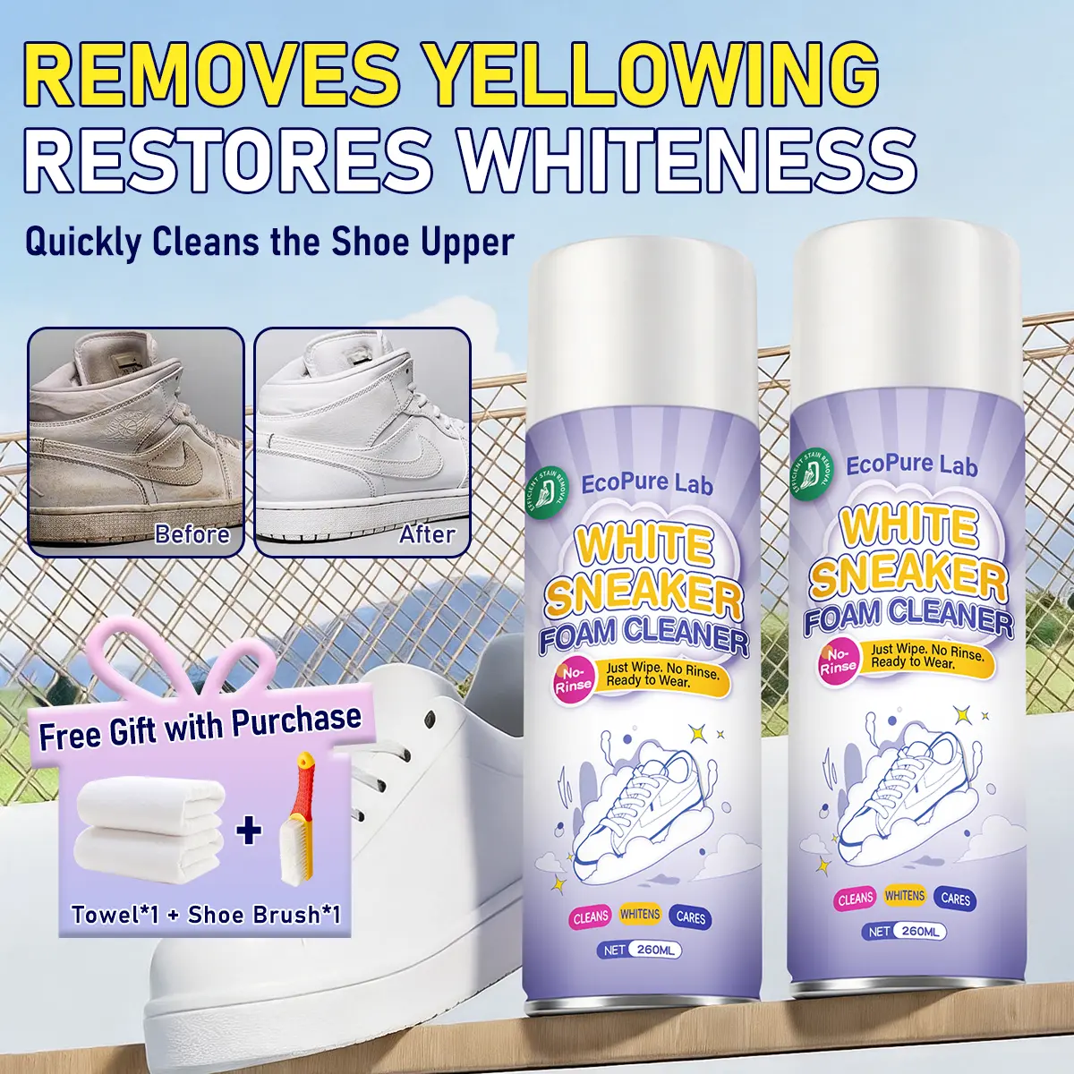 Waterless White Shoe Care Kit - No Rinse Foam Stain Remover, Yellowing Remover for Leather, Canvas, Sneakers - Quick Drying with Brush, Towel for Daily Maintenance, Whiteness Restoration