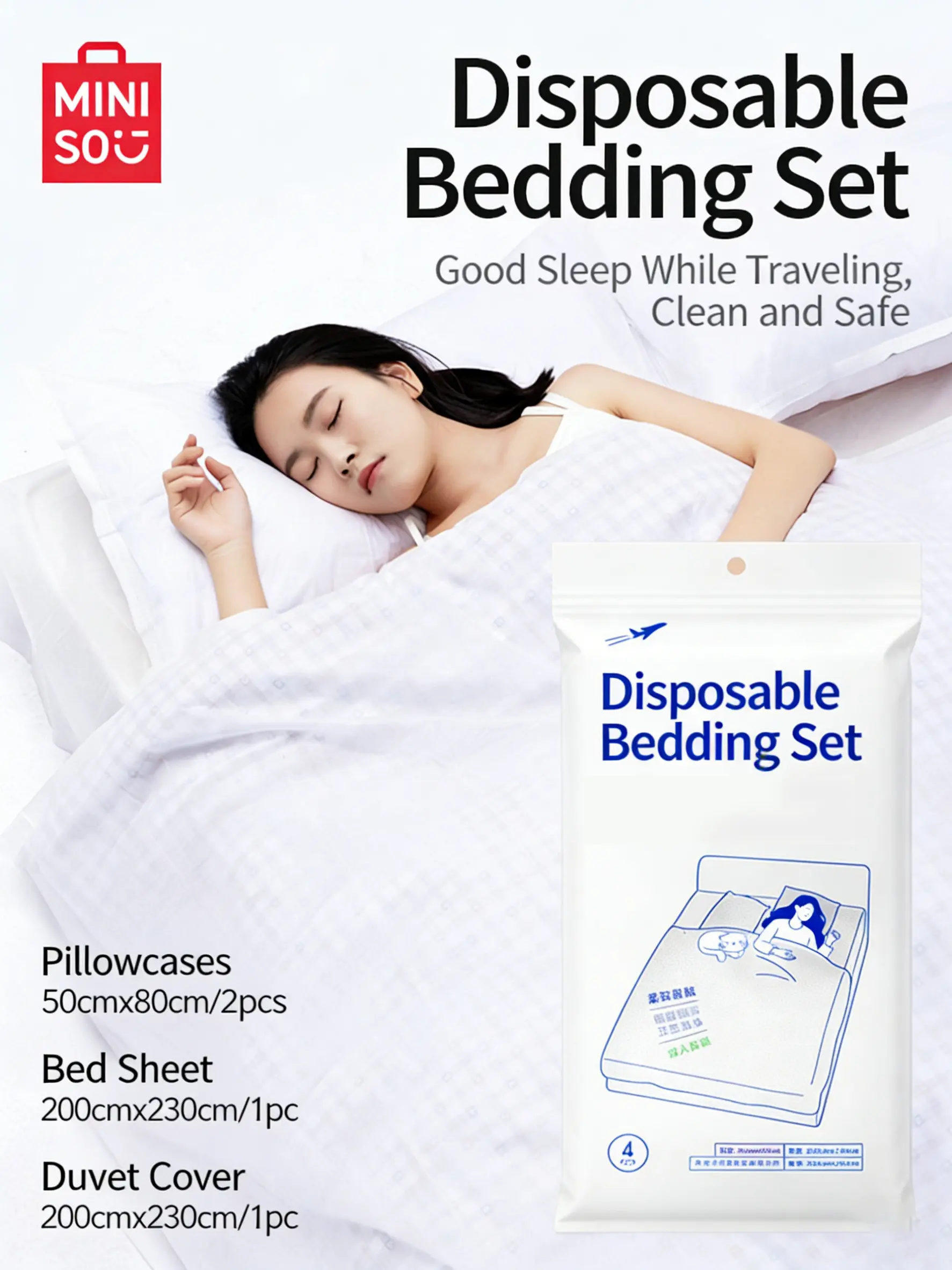 MINISO 4-Piece Disposable Bedsheet Set - Pillowcases, Duvet Cover, Travel & Hotel Bedding Sets Essentials, Ideal Gift for Mom, Bedsheet Sets
