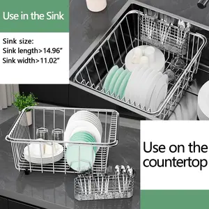 Large Dish Drainer Rack in Sink Adjustable, Expandable 304 Stainless Steel Metal Organizer with Stainless Steel Utensil Holder