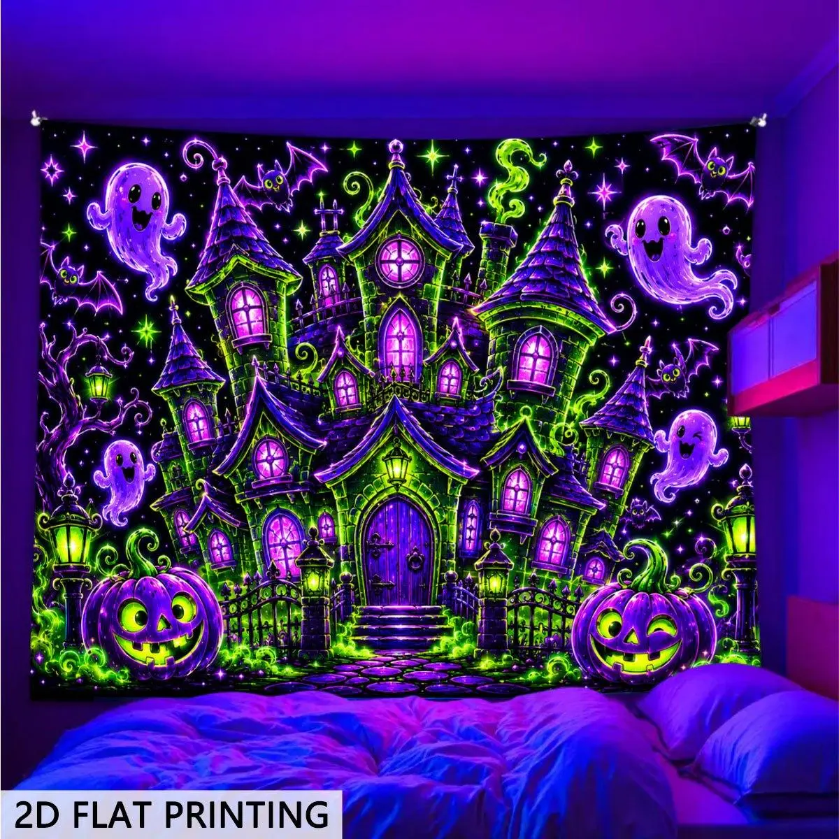 2D Flat Blacklight Glow-in-the-Dark Fabric Tapestry - Lantern Gate Castle Pumpkin Spirit Wall Art, Spooky Vibes Wonderfully Wicked Halloween Decor for Gaming Room & Dorm