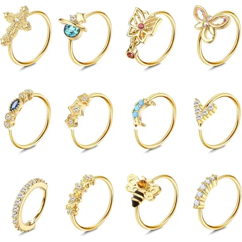 12 Pieces Decorative Nose Hoop Rings, 20-Gauge Surgical Stainless Steel Dangle Nose Rings for Women, Cartilage Earring, Ear and Body Piercing Jewelry