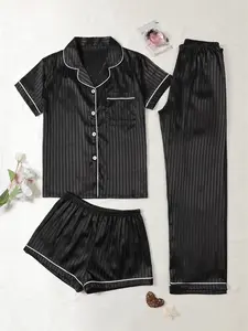 Women's Leopard/Striped Print Satin Casual Pajama Set, Matching Pajamas, Nightwear, Pyjamas, Short Sleeve Button Front Chest Pocket Design Lapel Neck Top & Elastic Waist Pants & Sleep Shorts PJ Set, Loungewear Set for Women, Womenswear