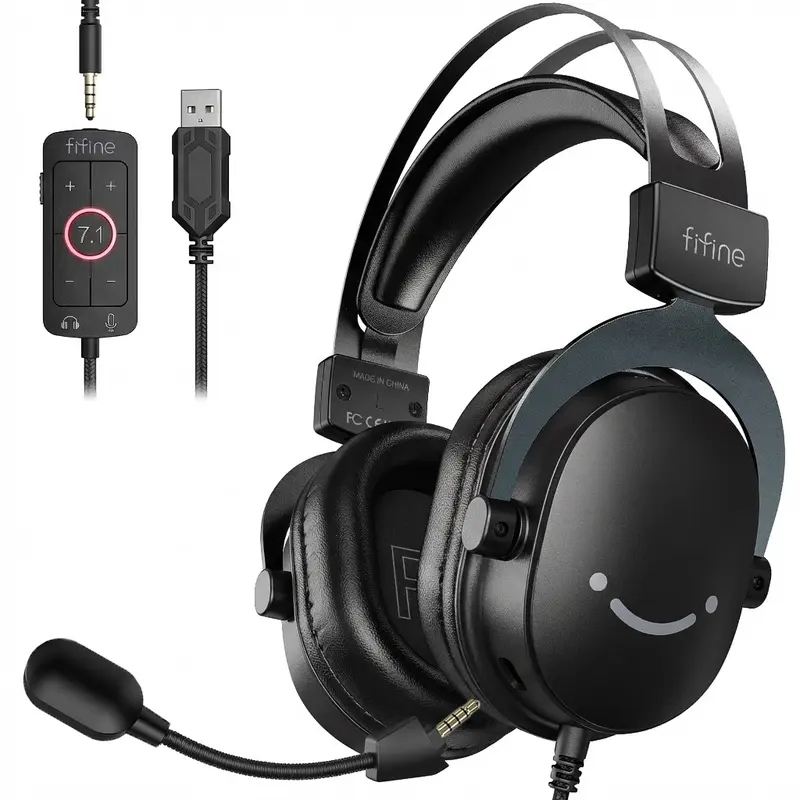 Fifine H9C PC Gaming Headset with 7.1 Surround Sound, Detachable Microphone, Control Box, 3.5mm Jack, Over-Ear Wired for PC/Smartphone/PS5 via USB, Xbox/Switch via 3.5mm