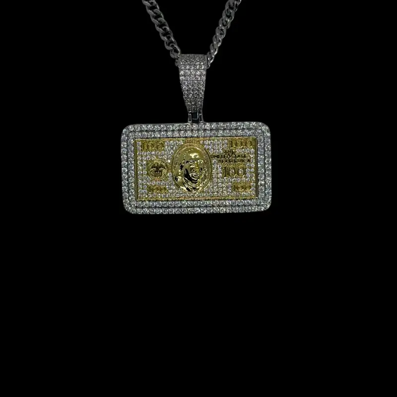 14k White Gold Plated Iced Out Hundred Dollar Bill Charm Necklace