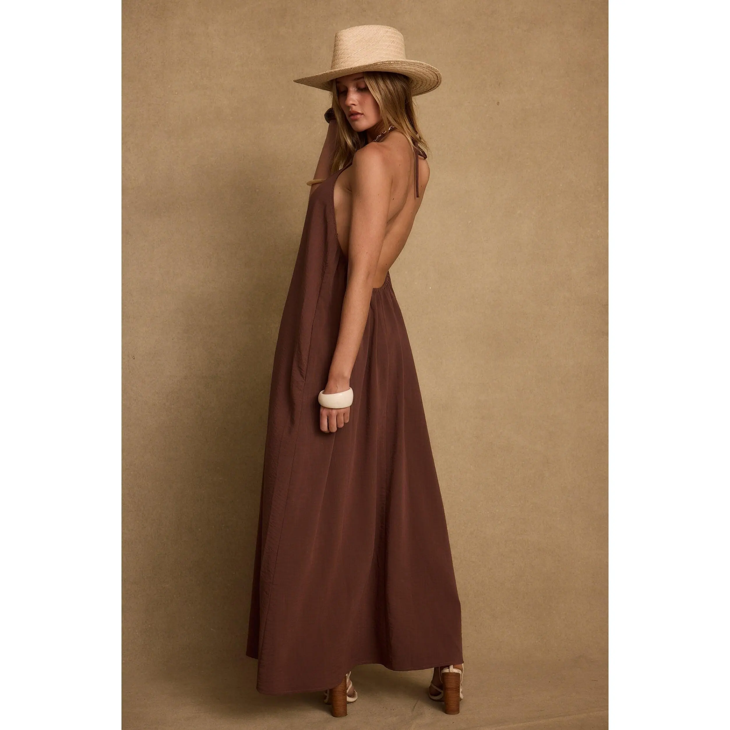 Women's Sleeveless Halter, Breathable Mocha Linen Maxi Dress with Pockets,  Sexy Casual Style - TikTok Shop