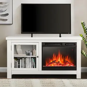 R.W.FLAME US Electric Fireplace TV Stand with Mantel, Freestanding Wooden Frame Firebox, Adjustable Realistic 3D Flame Brightness and Color, Remote Control, for TVs Up to 50'', White