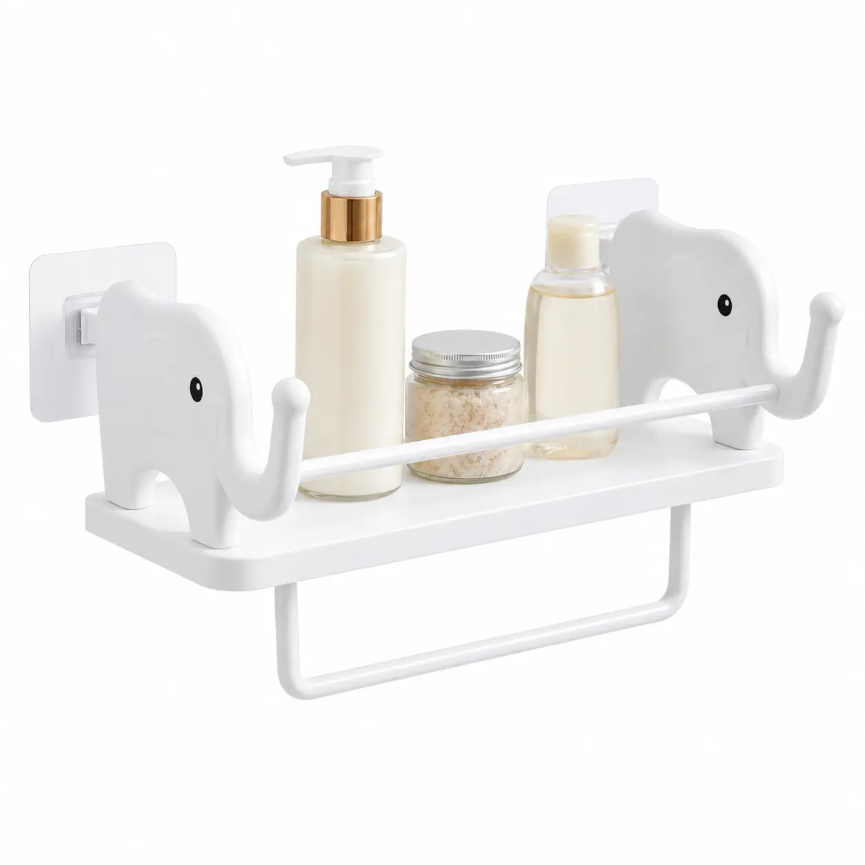 Playful White 4-in-1 Elephant Storage Organization Wall Shelf - No-Drill, Self-Adhesive, with Towel Bar, Dual Trunk Hooks, Safety Rail, for Bathroom Skincare, Shampoo, Kids’ Room Supplies