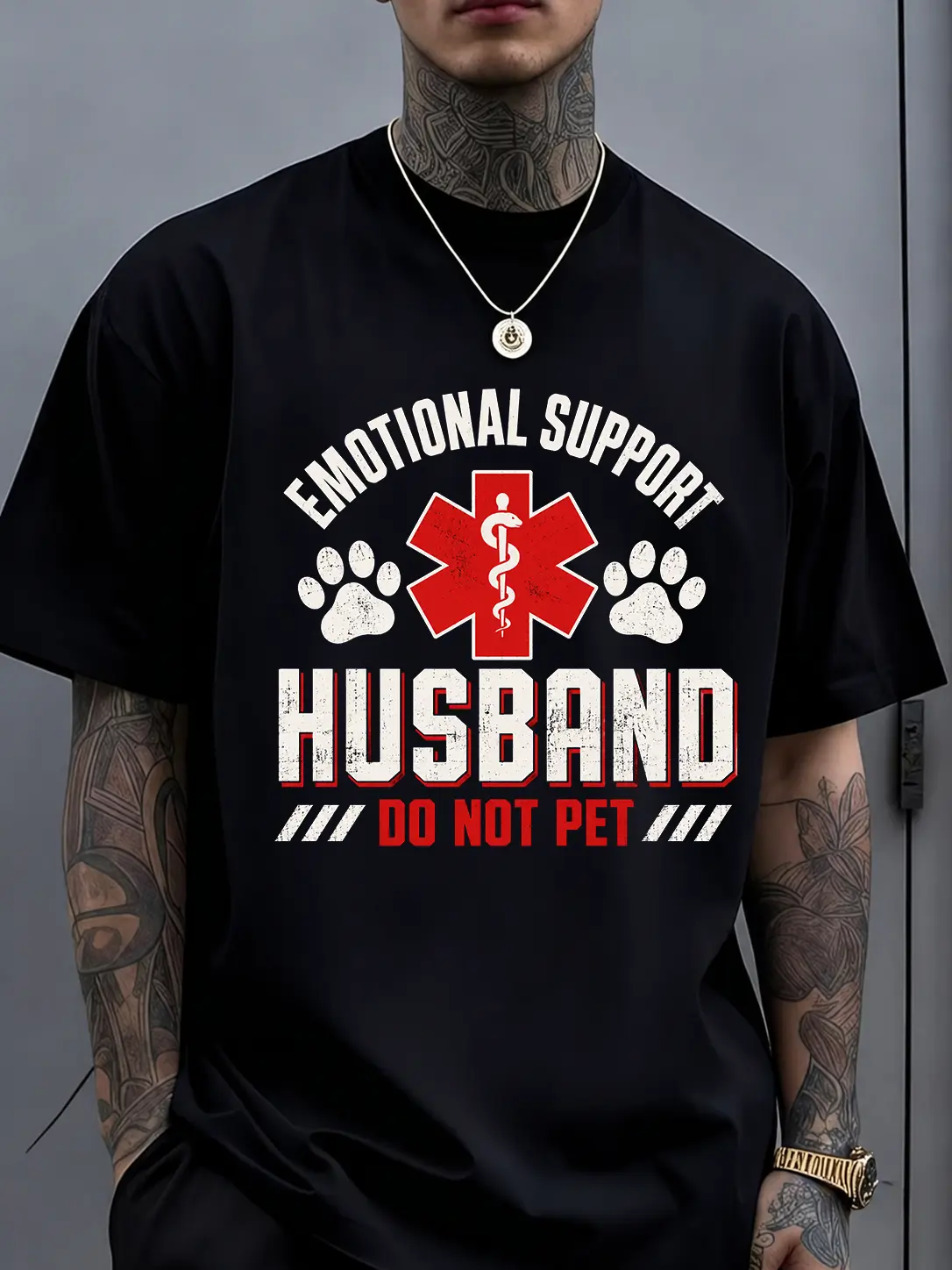 Men's Cotton Graphic T-shirt, Funny Short Sleeve Top with "Emotional Support Husband" Marriage Humor Slogan, Tshirt, Shortsleeve, Casual, Menswear, Round Neck Paw Prints, Soft