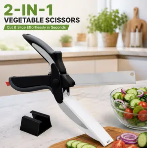 Mother’s Day gift: 2-in-1 multifunctional kitchen scissors — forged rubber handle, stainless steel blade, plastic cutting board, safety locking clamp; fruit and vegetable cutter; Father’s Day gift
