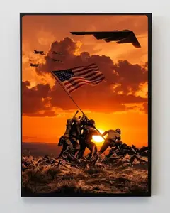 Patriotic 4th of July Poster, 250th American Flag Sunset Landscape, Military Tribute Silhouette, USA Wall Art Decor ( Not Frame )