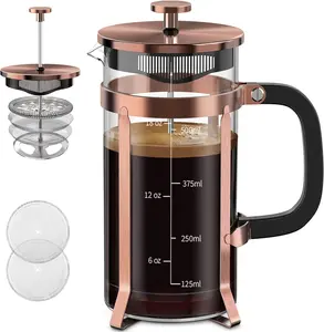 BOMPOW Coffee Maker 304 Stainless Steel French Press with 4 Filter, Heat Resistant Durable, Easy to Clean, Borosilicate Glass Coffee Press, 100% BPA Free Teapot, 21 ounce, copper