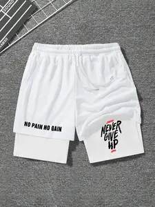 Men's 2-In-1 Gym Workout Shorts, Motivational Graphics, Compression Liner, Quick Dry Breathable Fabric, Fitness, Training, Bodybuilding, Stretch Shorts