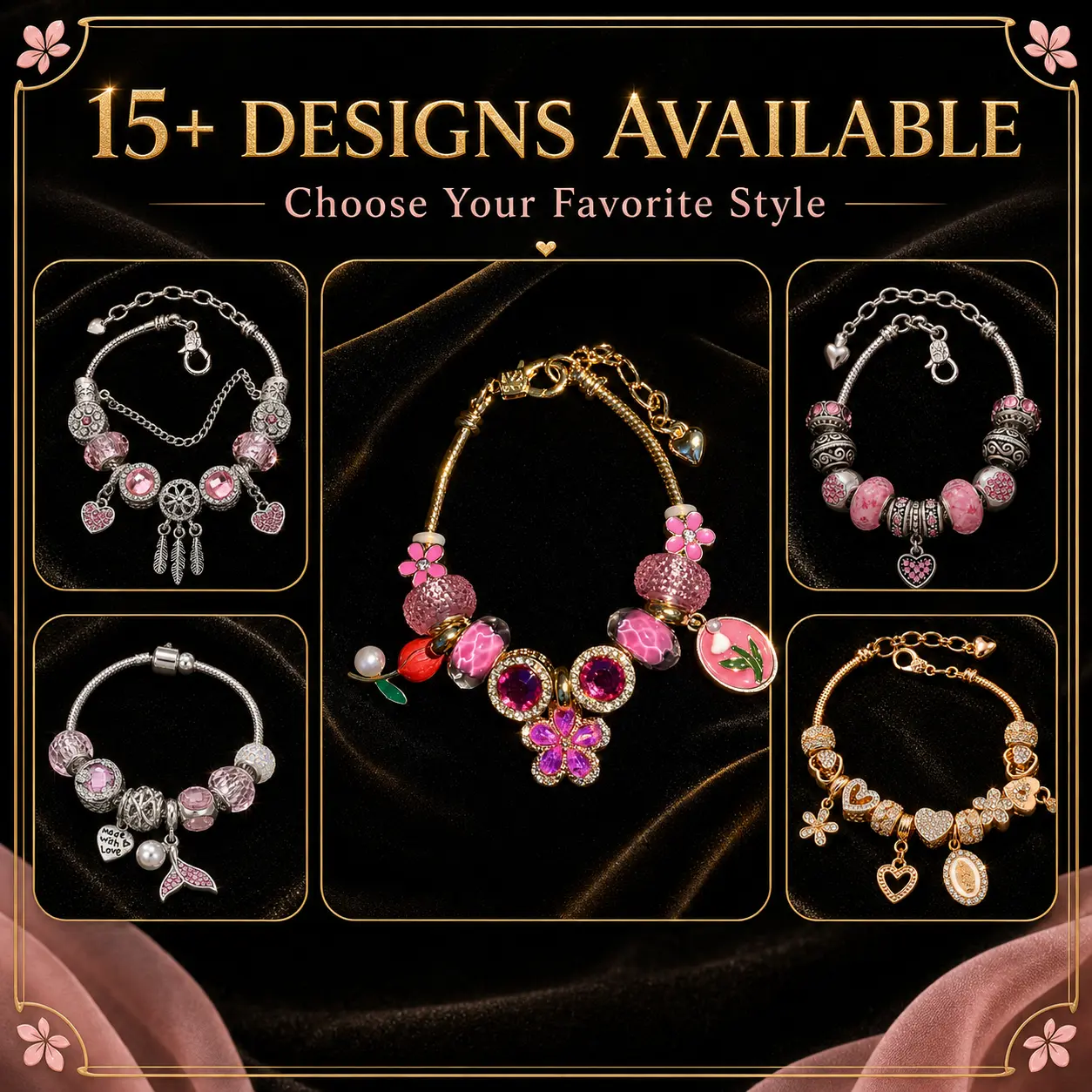 Women's Artificial Gems Pink Crystal Butterfly Charm Bracelet - Flower Hearts, Beading Detail, Unisex Jewelry Gift for Her, Bracelets Women's Artificial Gems Pink Crystal Butterfly Charm Bracelet - Flower Hearts, Beading Detail, Unisex Jewelry Gift for Her, Bracelets