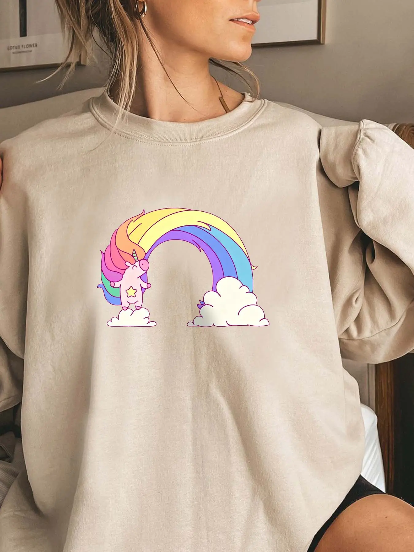 Rainbow Unicorn Animal Geometric Print Fleece Round Neck Sweatshirt, Fall & Winter Casual Loose-Fitting Pullover for Women