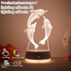 3D Dreamy Whale Night Light LED Lamp, USB Power Supply, 3 Color & 7 Color Ocean Design, Touching Dimmable Tabletop Decoration for Bedroom, Christmas Gift