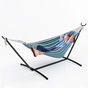 Double Cotton Hammock with Heavy Duty Steel Stand – 450 Lbs Capacity Brazilian Style Portable Hammock with Carry Bag for Backyard, Garden & Camping, Freestanding, Breathable