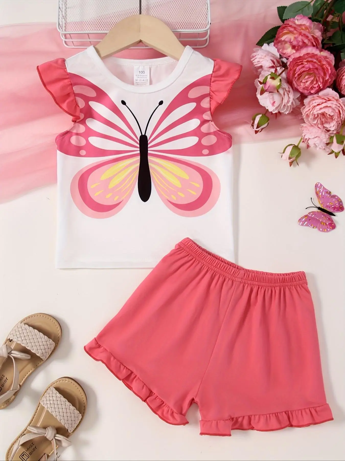 Toddler Girl's Butterfly Print Tee & Shorts Two-Piece Set, Cute Casual Round Neck T-shirt & Shorts for Daily Wear, Kids Summer Clothes