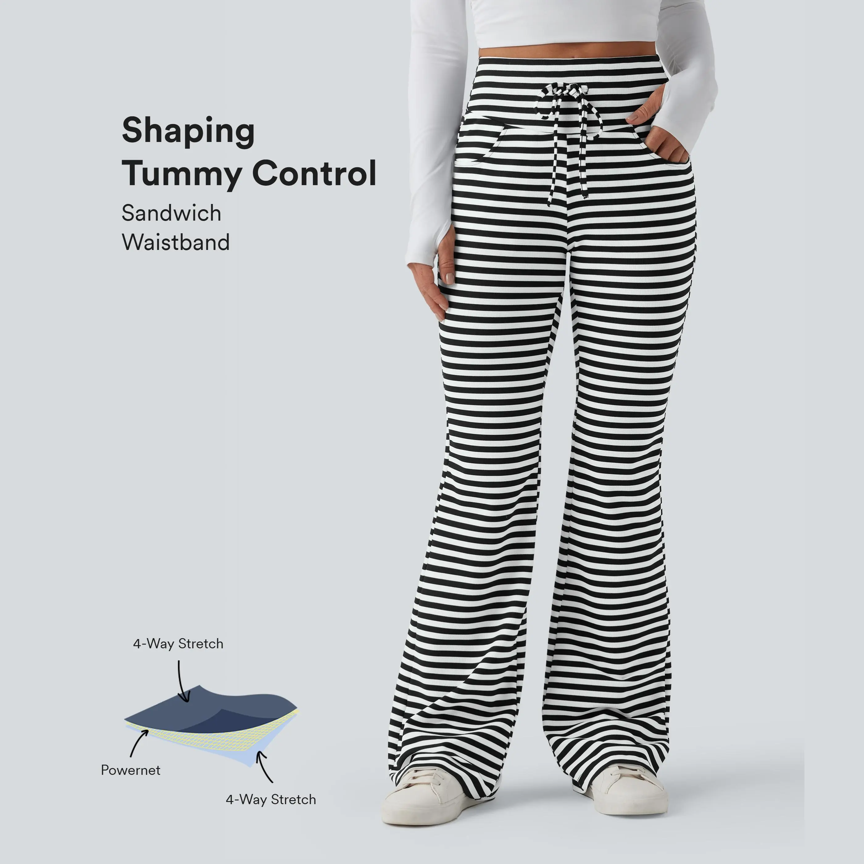 Halara High Waisted Drawstring Tummy Control Stripe Waffle Flare Casual Pants with Pockets