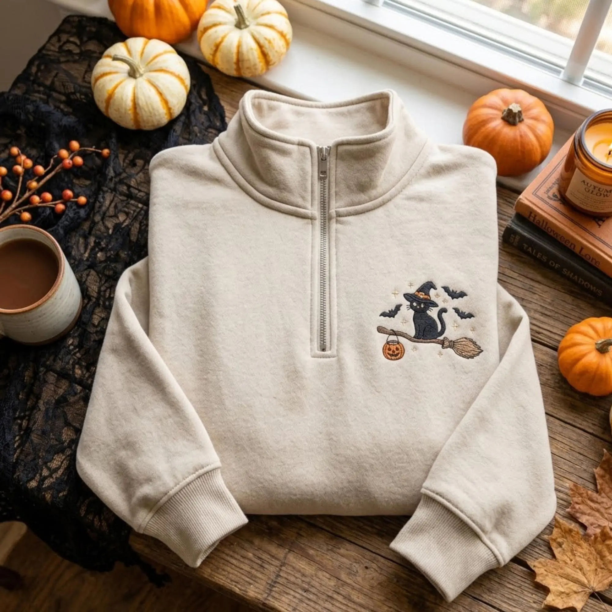 [Made in US] Embroidered Cat Witch Quarter Zip Sweatshirt, Halloween Adult Crewneck, Unisex Sweater