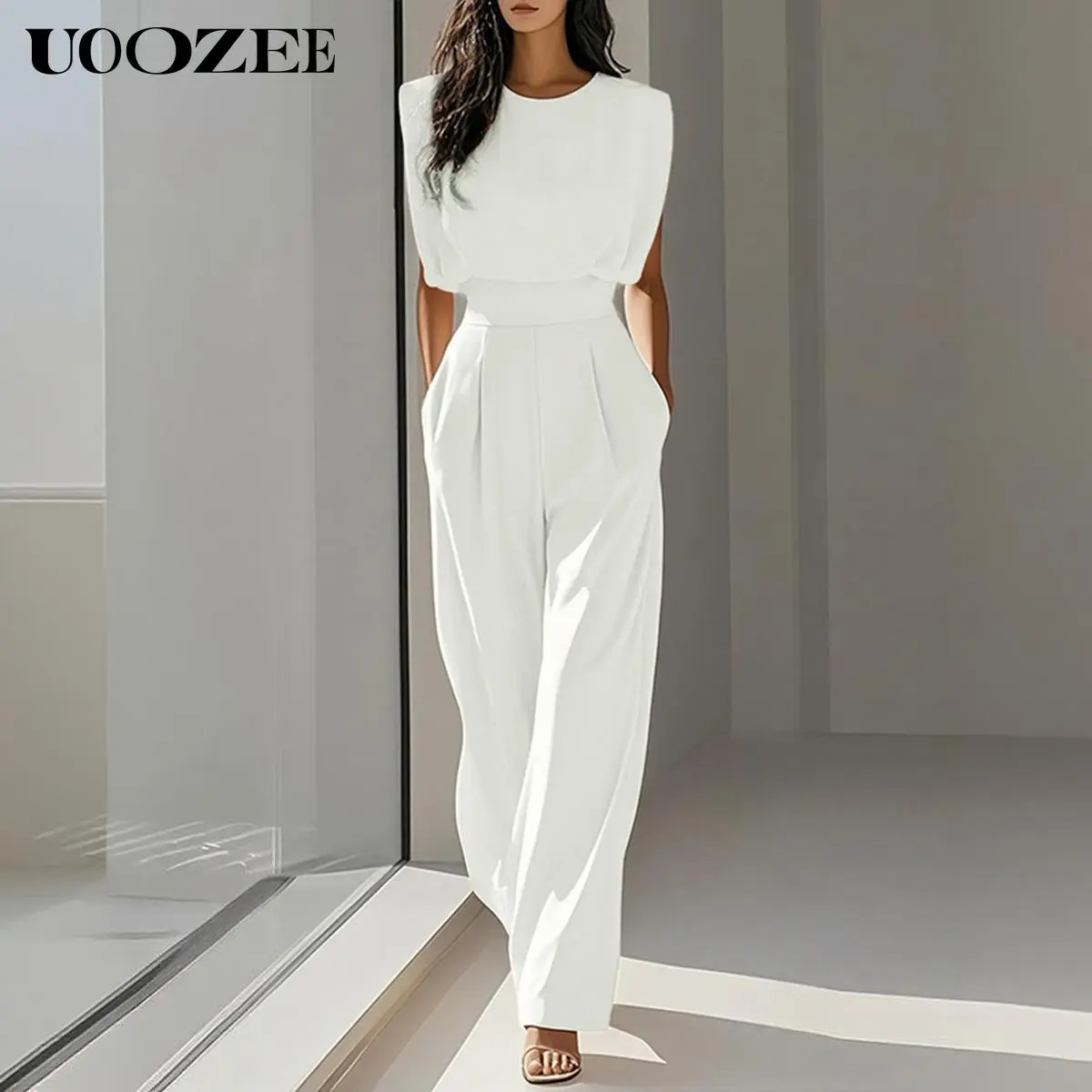 UOOZEE Women's Minimalist Basic Overalls - Sleeveless Round Neck Comfortable Baggy Jumpsuit with Cinch Waist, Loose-Fit Polyester-Spandex Wide Leg Women's Clothes