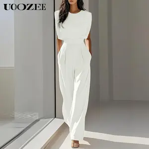 UOOZEE Women's Minimalist Solid Color Sleeveless Overalls, Polyester-Spandex Women's Clothes with Round Neck, Waist Cinch, Slight Elasticity, Slimming Loose Wide Leg, Comfortable Small Size Style for Thin People,summervibes