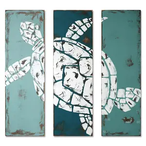 3-Piece Wooden Turtle Wall Decor Set, Rustic Farmhouse Style Ocean Turtle Wall Art, Vintage Beach Coastal Hanging Decoration for Home