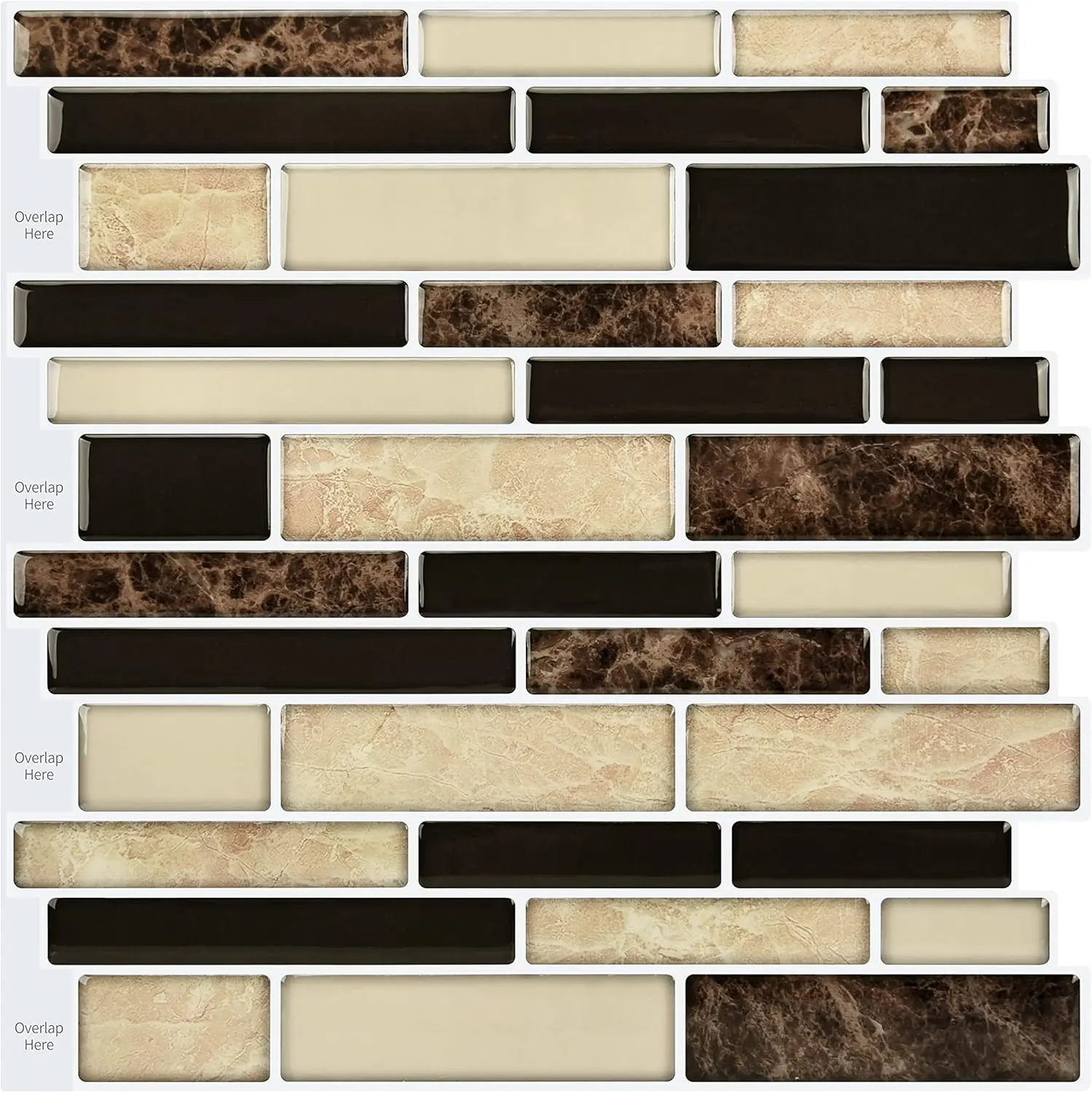 Glossy Brown Vinyl 3D Peel-and-Stick Backsplash Tiles Sticker, 10-Sheet Self-Adhesive for Kitchen, Bathroom