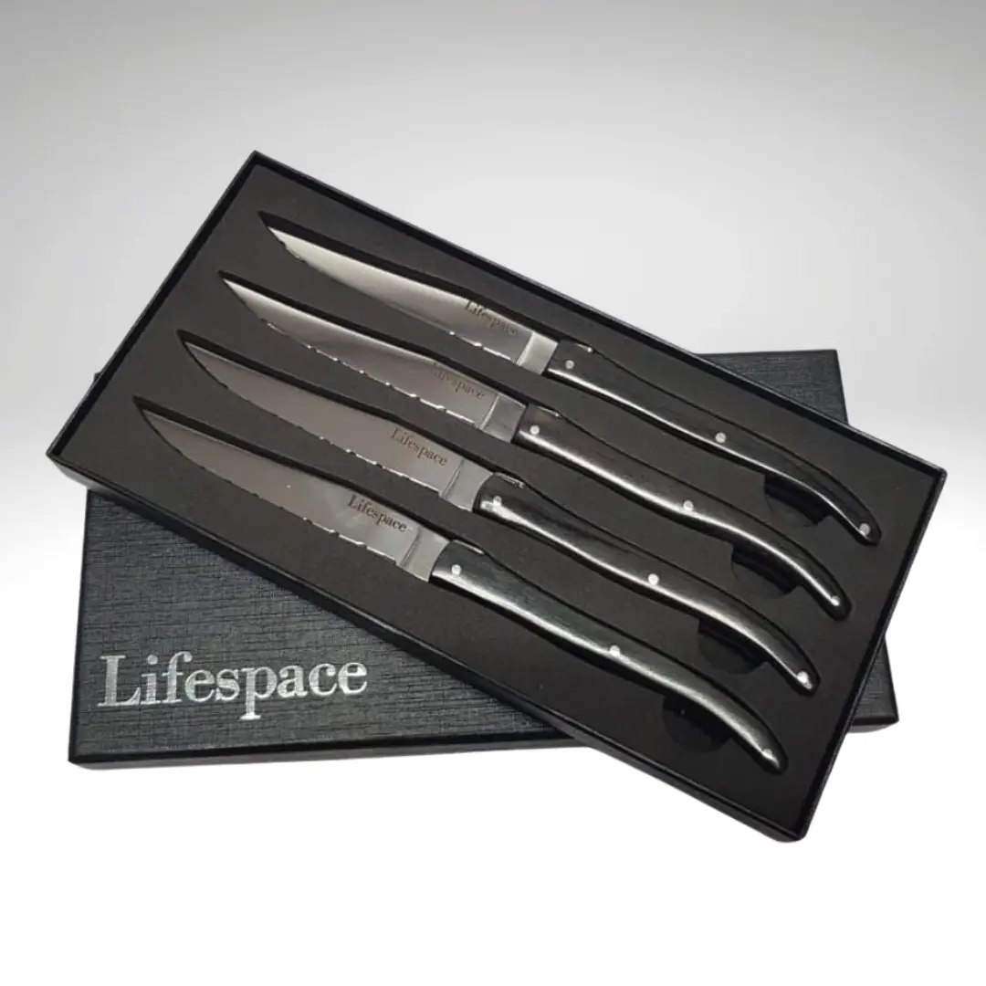 Lifespace Laguiole 4-Piece Stainless Steel Serrated Steak Knife Set - 10" x 5" x 1", Luxurious Curved Grip, Smooth Cutting, Napoleon Bee, 3 oz, Gift Boxed, Not Dishwasher Safe, Gift Ideas for Newlyweds Birthdays Housewarming, Approx. 3 Oz