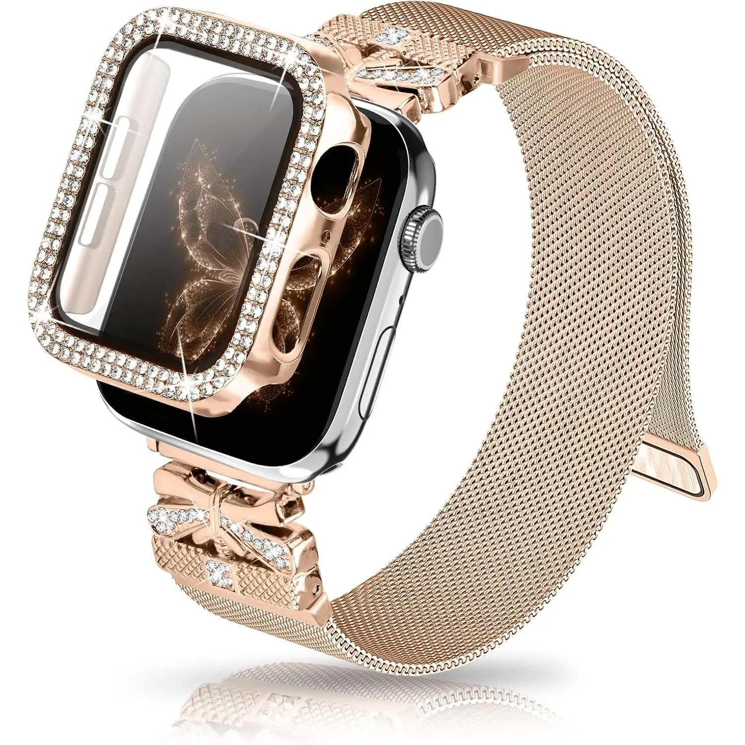 Magnetic Band for Women Compatible with Apple Watch Band 38mm 40mm 41mm 42mm 44mm 45mm Milanese Stainless Steel Loop with Bling Protective Case, Dressy Metal Strap Replacement iWatch Band
