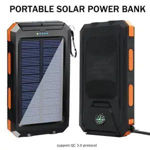 Solar Power Bank Fast Charging Dual USB, Waterproof Outdoor Charger with Flashlight & Compass, Camping Gear, Portable Charger, Hiking Essentials, Chargeable