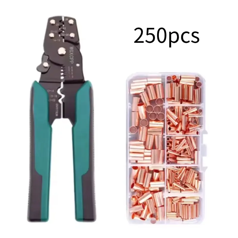 250pcs GT Copper Connecting Pipe Wire Joint Small Copper Tube Terminal Cable Lug Bootlace Ferrule Kit with Crimping Pliers Crimping Terminals Terminal Plug Kit