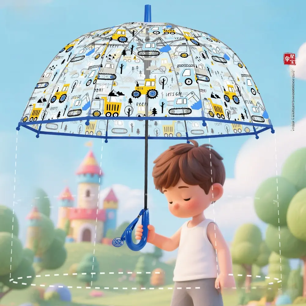 Children's Transparent Cartoon Print Construction Vehicle Umbrella - 8-rib, 70cm/19in Diameter, 1-click Automatic Telescopic, Lightweight, Windproof, Waterproof, Safe View Comfortable Handle, Polyester Fabric, Rainy Day Outdoor Use, Automatic Telescopic U