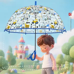 Children's transparent umbrella, cute construction vehicle print umbrella, windproof and waterproof children's umbrella with safety handle