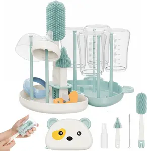 [New Deal] - Baby Bottle Brush Set - 7 in1 Travel Bottle Cleaner Kit with Silicone Brush, Nipple Brush, Straw Brush, Bottle Drying Rack, Soap Dispenser, Storage Box, Baby Travel Essential Gift for Parents (Green)