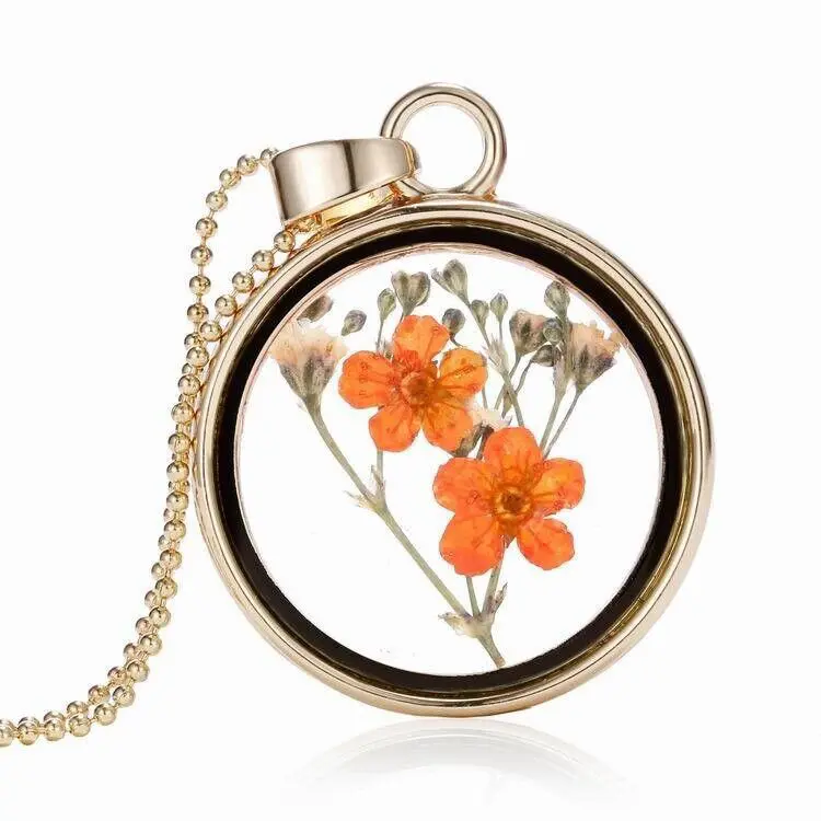 28mm Transparent glass epoxy resin pressed dry flower pendant necklace