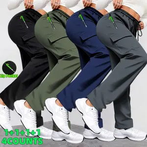 Women's Rugged Utility Cargo Pants: Multi-Zippered Pockets & Vibrant Green Trims – Full-Length Trousers Ideal for Outdoor Adventures, Travel & Daily Casual Use (Spring/Fall) – Adjustable Belted Waistband with Drawstring & Anti-Slip Leg Design Bottom