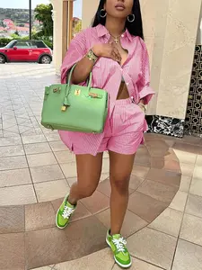 【Plus Size】 Striped Print Button Front Shirt & Shorts Two-Piece Set, Casual Long Sleeve Top & Pocket Shorts for Daily Wear, Women's Two-Piece Set for All Seasons